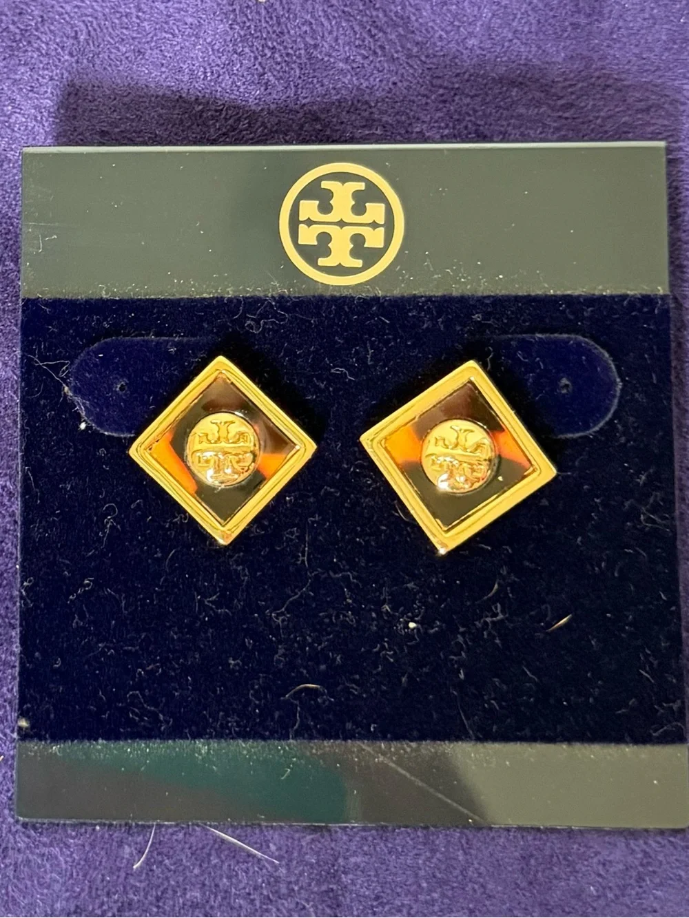 Tory Burch Liam Square Logo Stud Earrings comes with bag